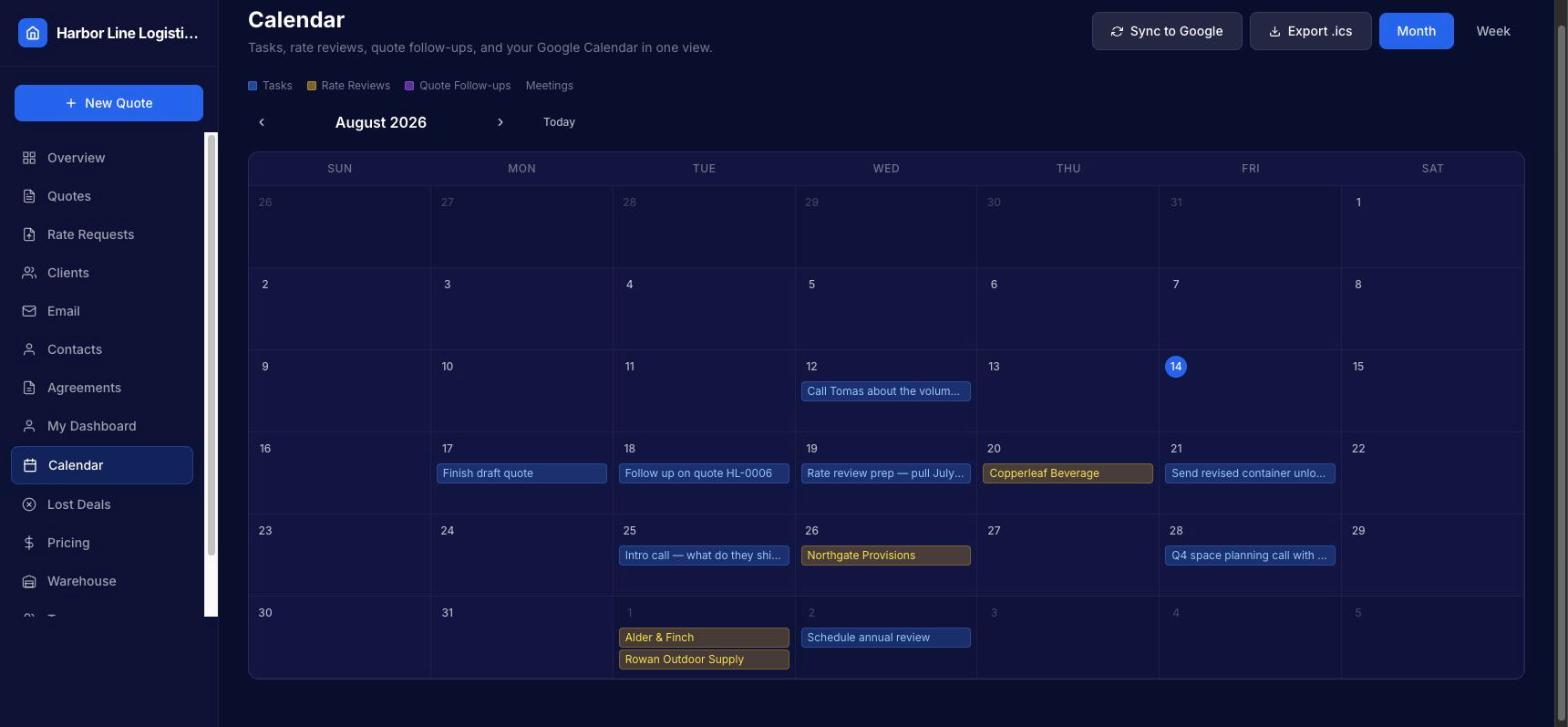 The calendar: tasks, rate review dates and quote follow-ups on one month view
